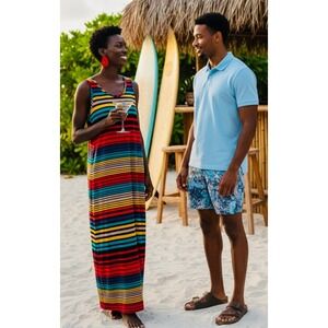 Multicolor Striped Sleeveless Maxi Tank Dress  Beach Resort Lagenlook Minimalist